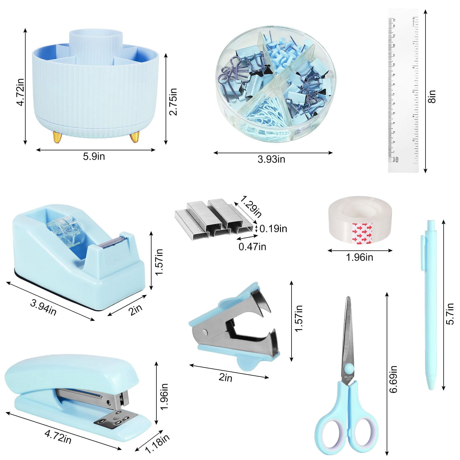 Blue Desk Organizers And Accessories Set With 360-degree Rotating Pen Holder  Tape Dispenser Stapler Staple Remover 1000 Staples Clips Ruler Scissor