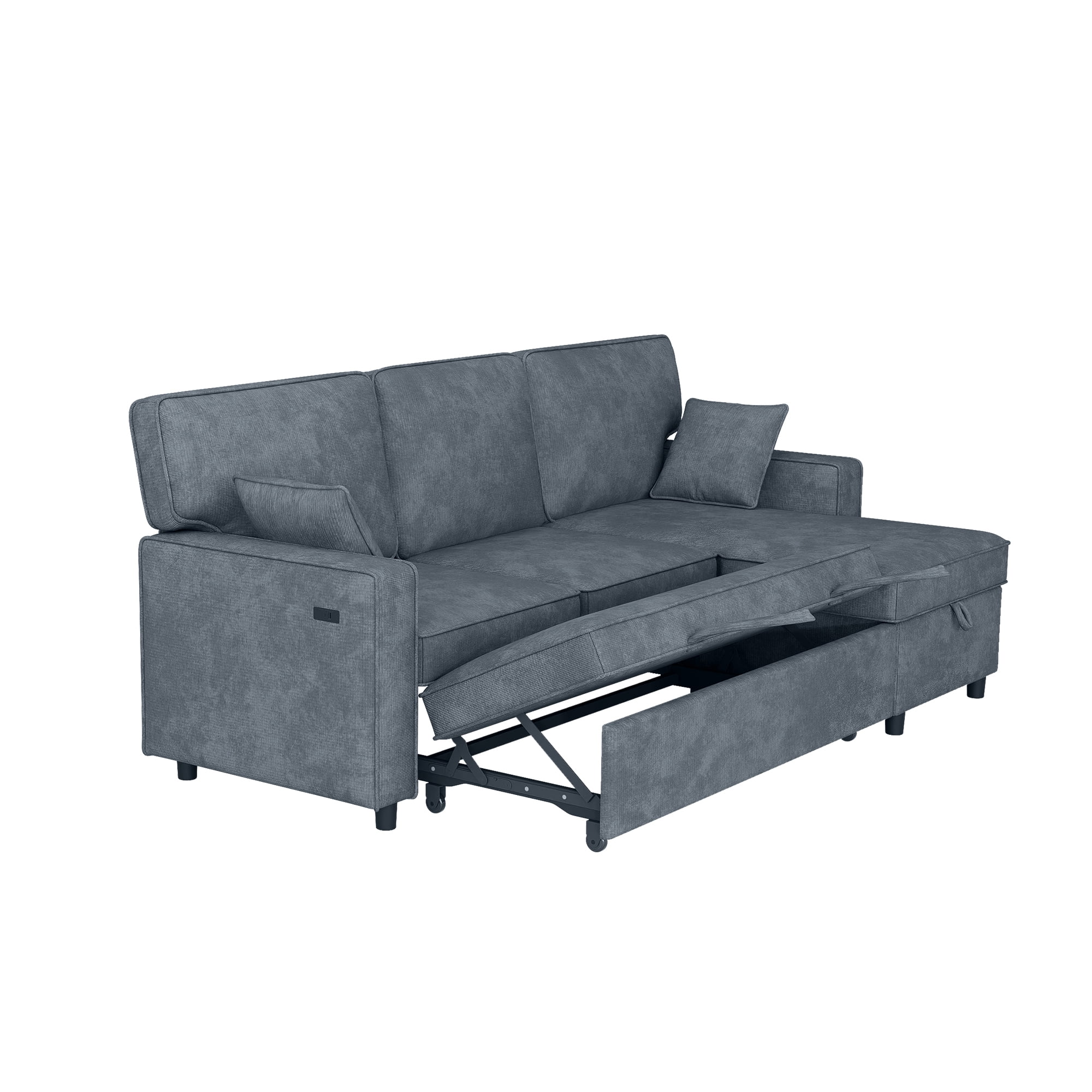 Howcool Sectional Sleeper Sofa,L Shaped Chenille Convertible Sofa Bed 89" 3 Seater with Flip-Down Center Console & USB Charging Ports,Pull Out Couch for Living Room Apartment Office,Blue