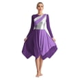 thumbnail image 3 of iiniim 2pcs Women Liturgical Praise Dancewear Long Sleeve Metallic Color Irregular Hem Worship Dress Wide Leg Pants Purple S, 3 of 7