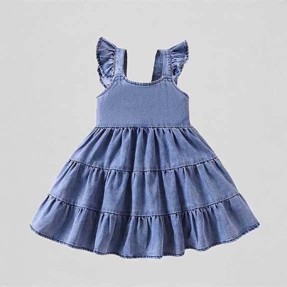 REDARER Girls Ruffle Flutter Sleeve Tiered Denim Dress Casual Summer Playwear Everyday Outfit,12-18 Months