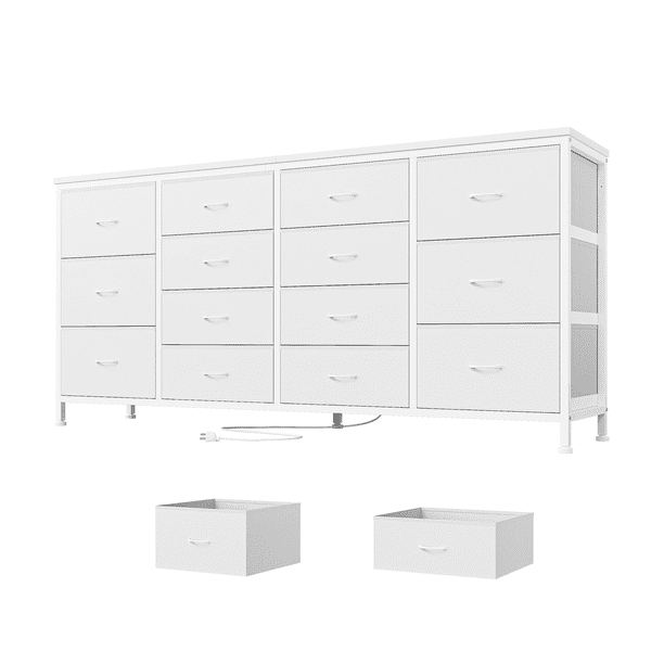 Soporte de TV de Tela para Televisores 65-75 Pulgadas, 63" de Ancho con 14 Cajones, Centro de Entretenimiento con Tomas de Corriente Integradas para Dormitorio