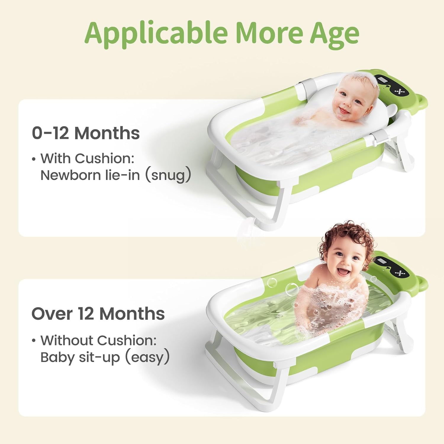 COOSEYA Baby Bathtub ,Collapsible Baby Bathtub , Bath Tub with Cushion and Thermometer ,Newborn to Toddler Portable Travel Multifunctional Bathing 0-2 Years (Bear/Green)