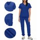 thumbnail image 1 of Conjunto de uniforme médico para mujer, cuello en V, manga corta, blusa, cintura elástica y pantalones deportivos, color sólido, conjunto de trabajo de enfermería de 2 piezas con bolsillos., 1 of 7