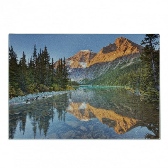 National Parks Cutting Board, Canadian Rocky Mountain Range on Edith Cavell Lake Pastoral Image Print, Decorative Tempered Glass Cutting and Serving Board, Small Size, Multicolor, by Ambesonne