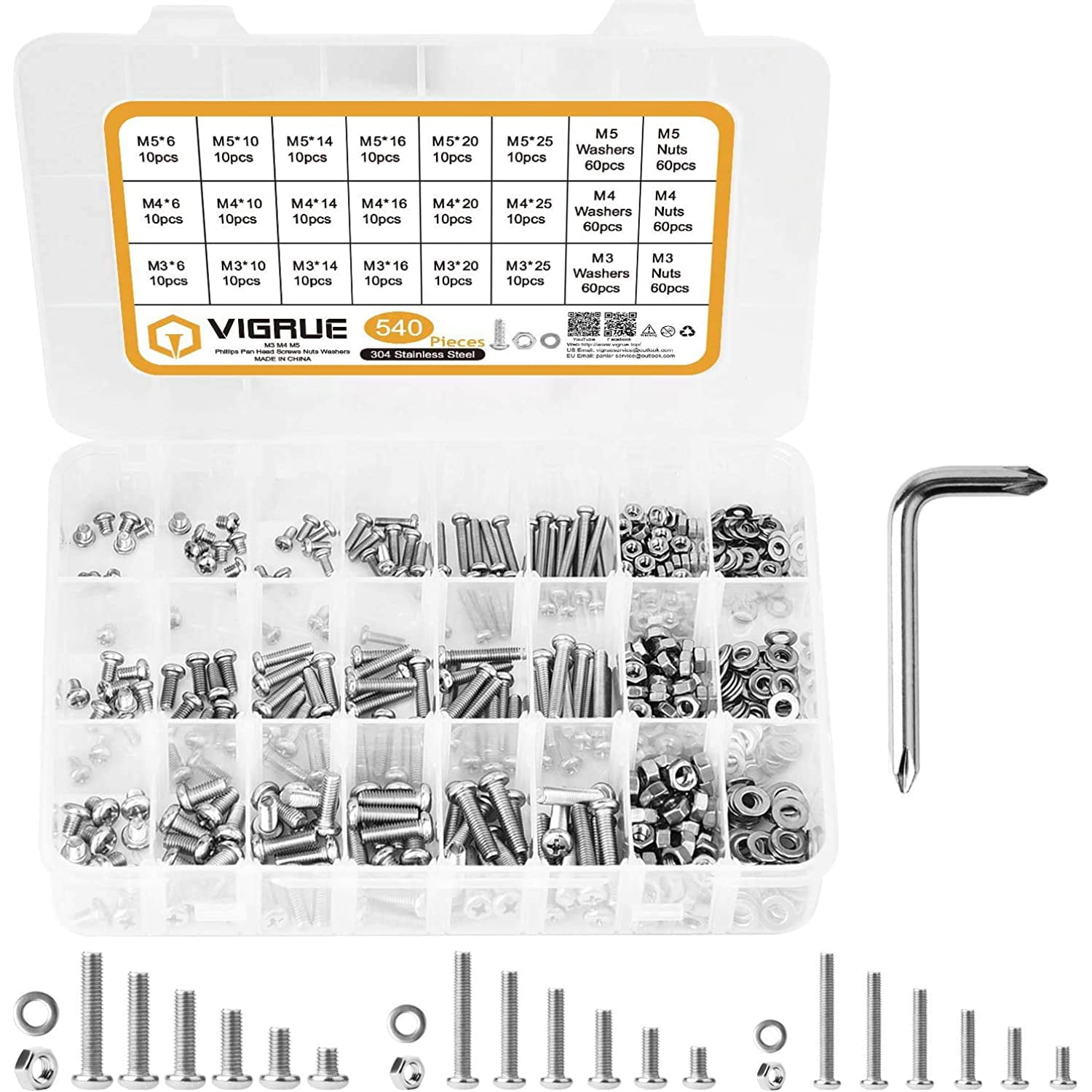 VIGRUE 540PCS M3 M4 M5 Phillips Pan Head Screws Bolt Nut Flat Washers 304 Stainless Steel Machine Screws Assortment Kit with Wrench and Storage Case VIGRUE 540PCS M3 M4 M5 Phillips Pan Head Screws Bolt Nut Flat Washers 304 Stainless Steel Machine Screws Assortment Kit with Wrench and Storage Case