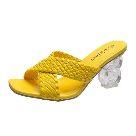 

QWZNDZGR Rimocy Transparent Strange Heels Sandals Women Summer 2022 Fashion Weave Slippers Woman Yellow Open Toe Slides Shoes Plus Size