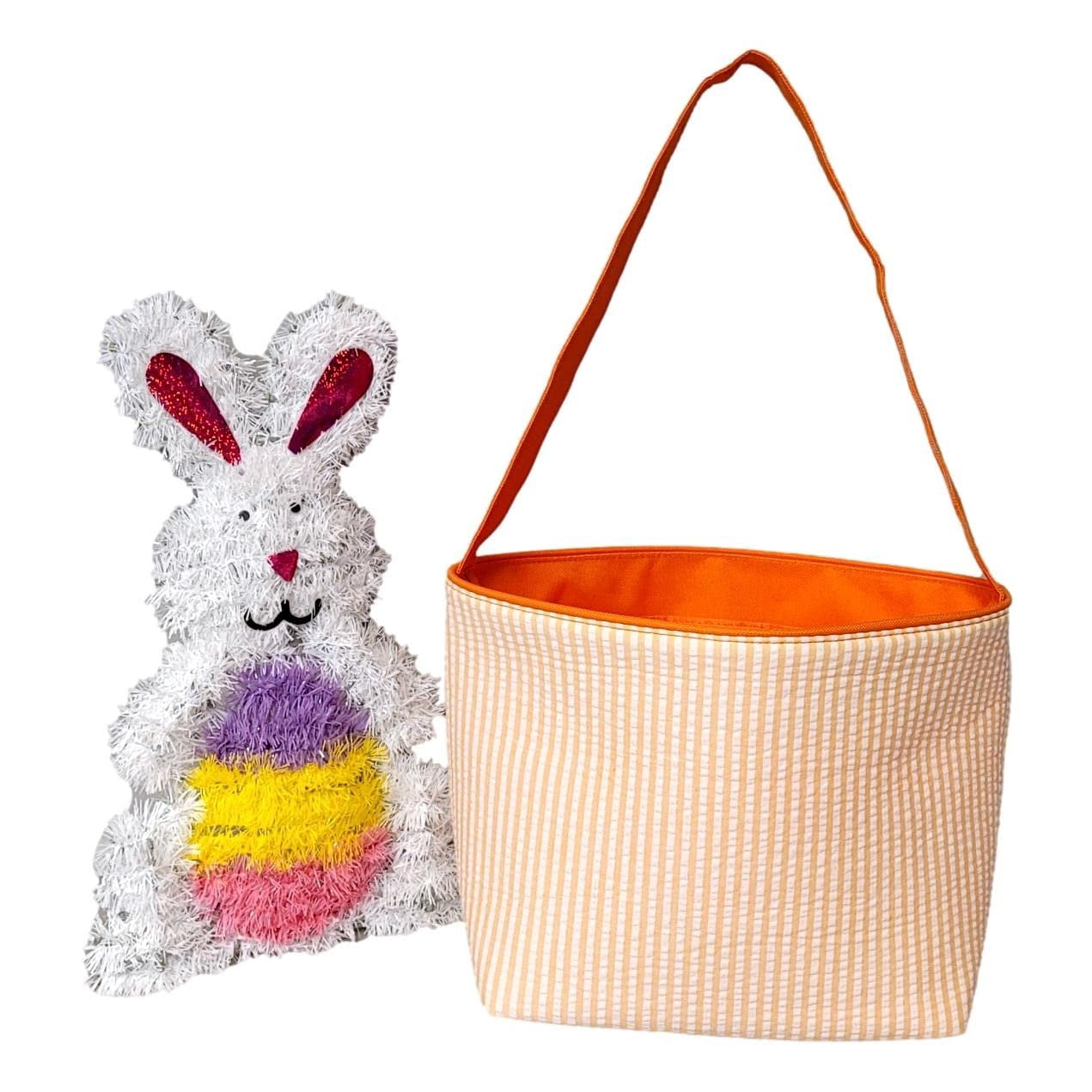 SONA G DESIGNS Seersucker Stripe Fabric Easter Basket Bucket Tote Bag - Toys Egg Collecting Orange