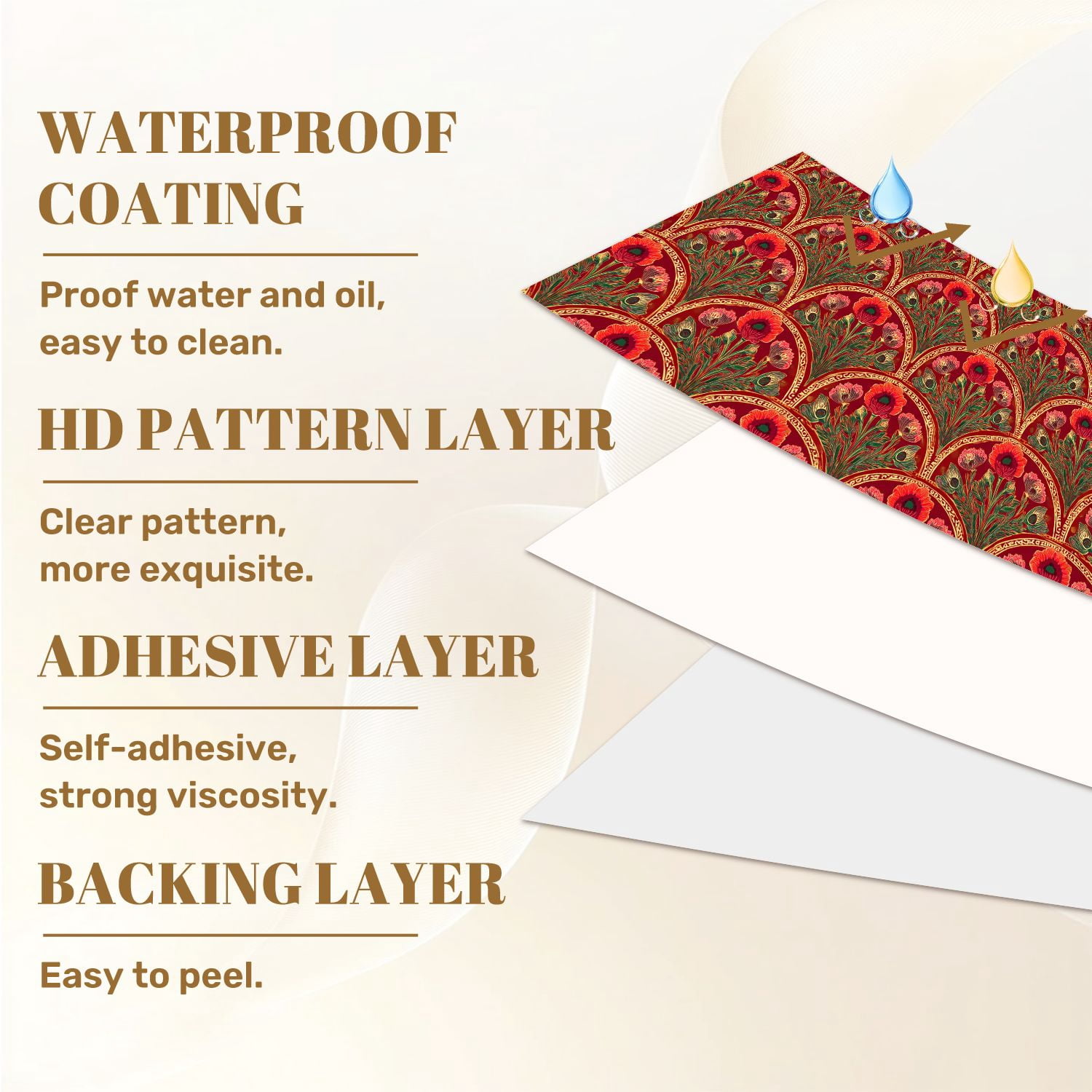 Peel and Stick Wallpaper Vibrant Floral Art Nouveau Rich Red Gold Accents Wall Mural 17.7in x 9.8ft Self Adhesive Removable Wall Paper Renter Friendly Wallpaper for Bedroom Livingroom Office