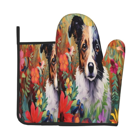 Bingfone Colorful Flower Dog Print Oven Mitts Pot Holders Set 2 PCS for Kitchen for Cooking Grilling Baking BBQ Pot Holders Cook Essentials