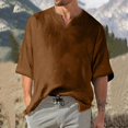 thumbnail image 2 of Men's Solid Color Pleated Quarter Sleeve Top Men's Retro V-Neck TopM, 2 of 5