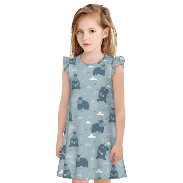 Balery Cute Hippopotamus Camisón de princesa para niñas, pijama de algodón con mangas abullonadas, suave y bonito.-X-Large