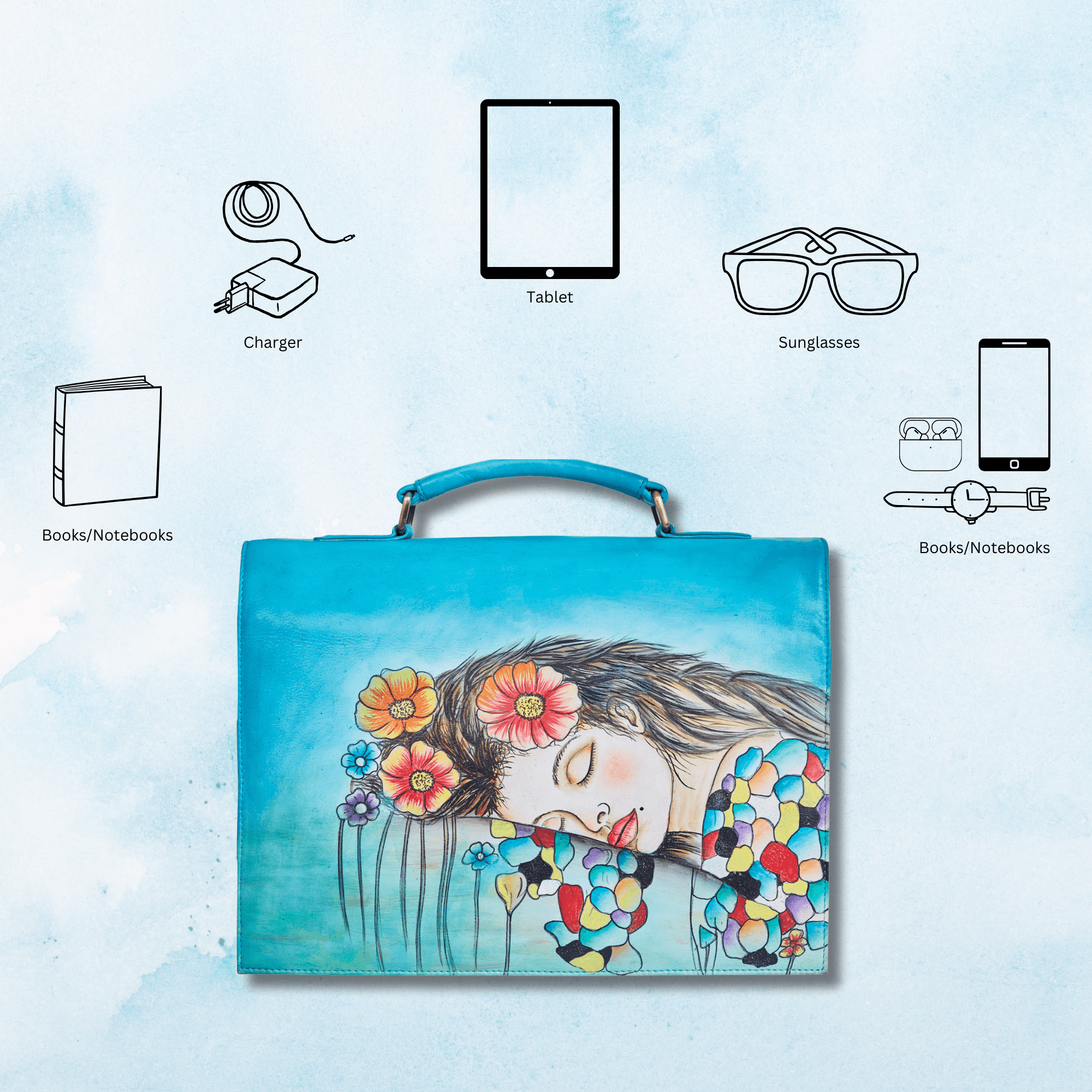 Sishka Womens Beautiful Dream Hand-Painted Leather Ladies Bags – Blue Business Shoulder, Crossbody Messenger & Laptop Briefcase