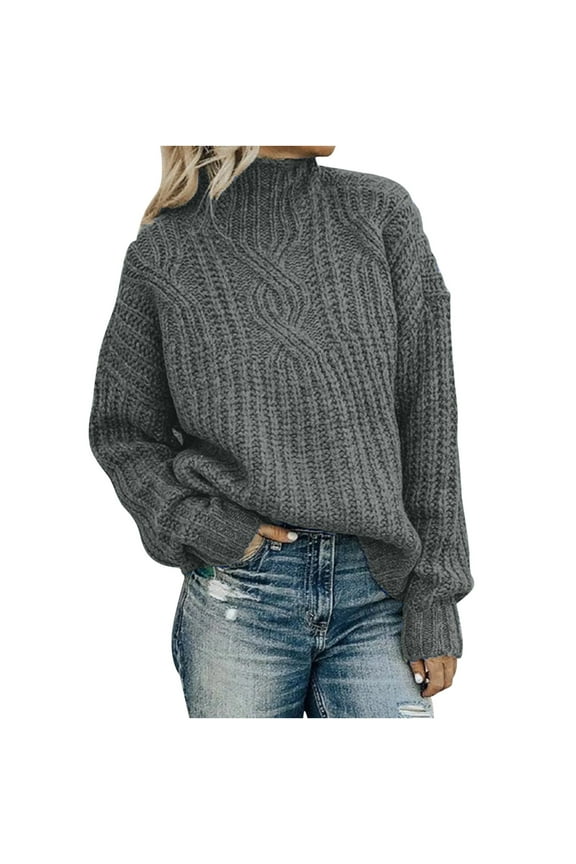 Womens Sweaters Round Neck Sweaters Long Sleeve Knitted Sweaters Pullover Ladies Sweaters Classic Solid Colors Casual Comfy Tunic Sweater Gray M