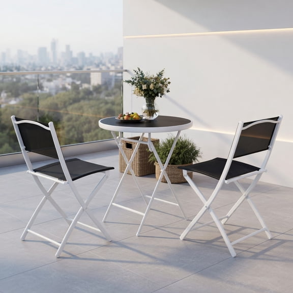 Kadyn 3-Piece Black Folding Outdoor Bistro Set – Compact Patio Chairs Tempered Glass Coffee Table for Balcony, Deck, or Garden