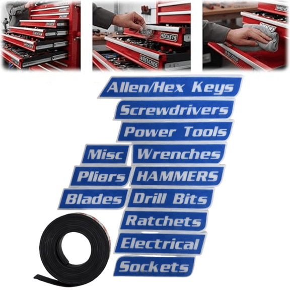 12 Pack of Magnetic Toolbox Labels, 3D-Printed Tool Box Labels, General Tool Box Organize Accessories, Reusable Tags for Steel Toolboxes, Carts, Drawers, and Cabinets(Blue)