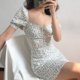 thumbnail image 2 of ZXYOUPING Fashion Women Floral Dress Square Neck Puff Sleeve Short Sleeve Chiffon Mini Dresses S-XXLpangjing, 2 of 4