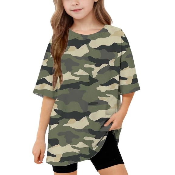 Kids Fashion T-Shirt Boys and Girls Short Sleeve Crew Neck Camouflage Print Top Summer Oversize Loose Fit Top for 5-15 Years