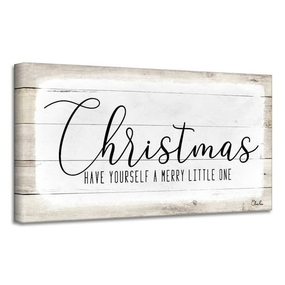 Beige and White Merry Christmas II Holiday Canvas Wall Art Decor 8" x 16"