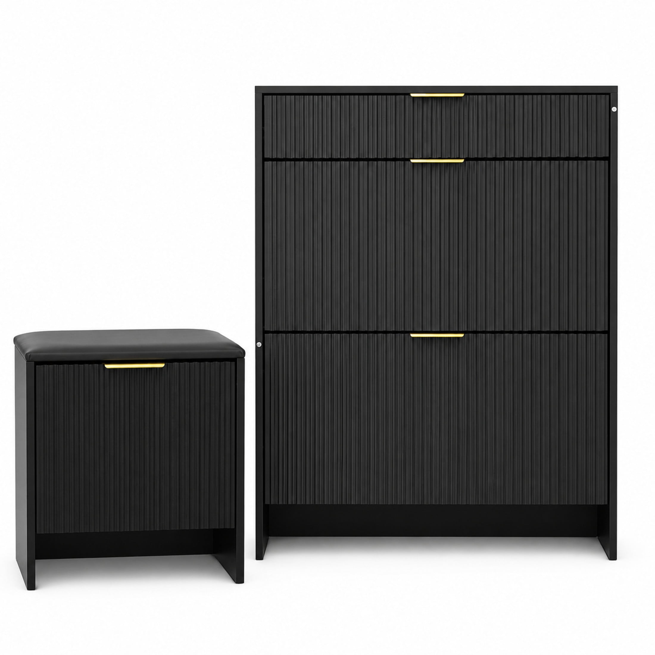 GDF Studio Solus Fluted Black Shoe Storage Cabinet Set with Padded Bench & Gold Pulls, Slim Hallway Organizer, Black