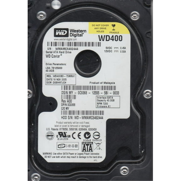 WD400BD-75MRA1, DCM DSBHNTJCH, Western Digital 40GB SATA 3.5 Hard Drive