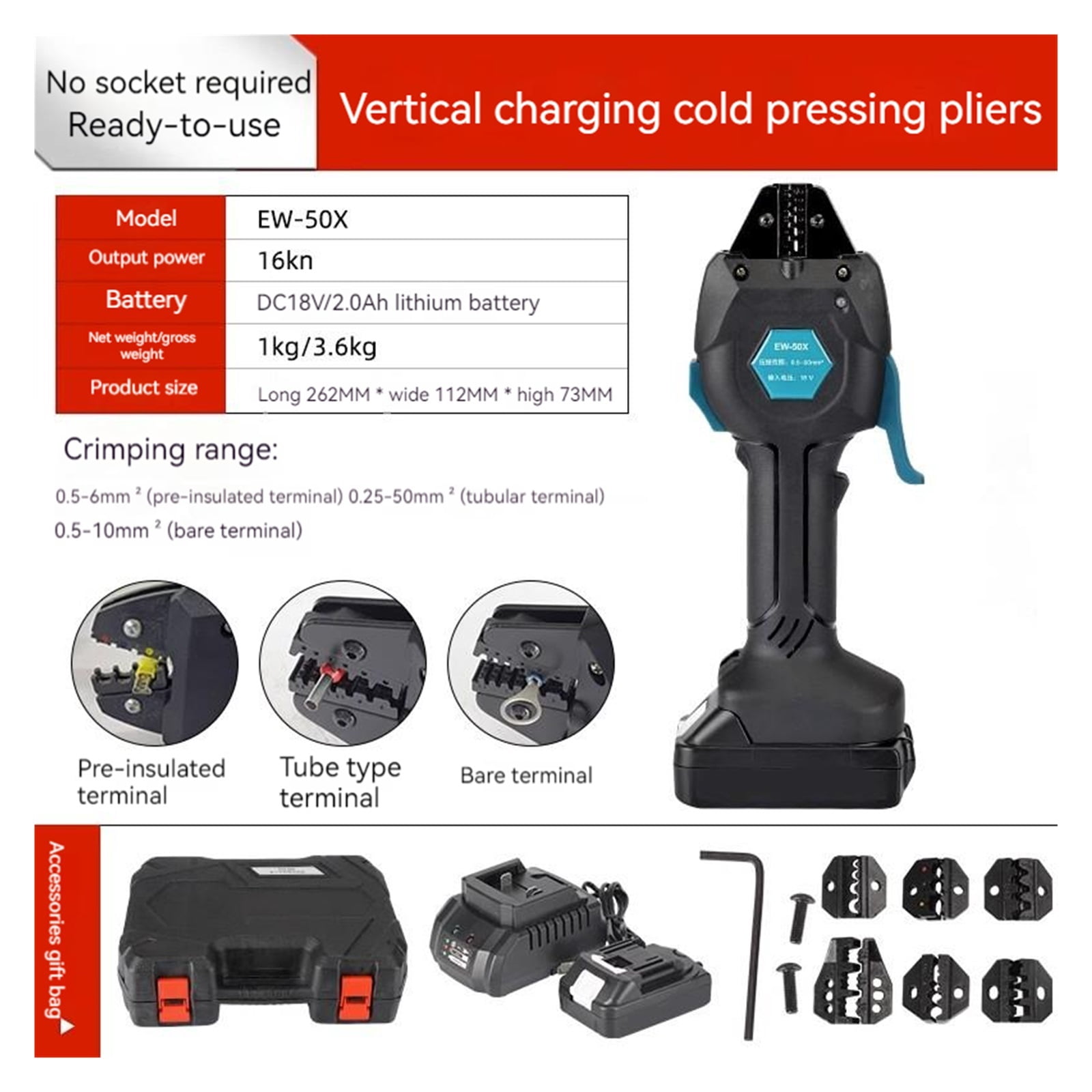 18V Electric Crimping Tool Terminal Pre-insulated Tube Type Bare Terminal Crimping Portable Tool Rechargeable Crimping 16KN ,Power Tools
