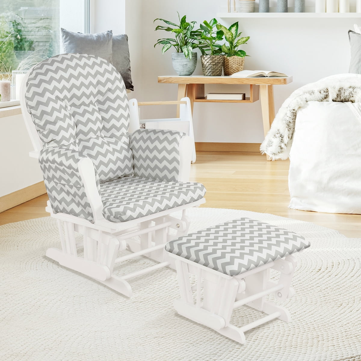 Topbuy Rocking Chair Baby Nursery Chair Glider with Ottoman &Storage Pocket Grey+ White