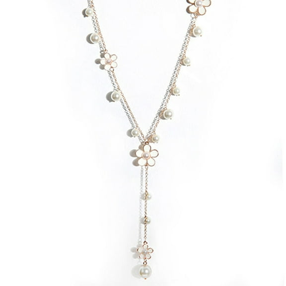 UDIYO Elegant Faux Pearls Flower Sweater Chain Long Necklace Socialite Lady Jewelry