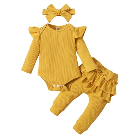 

QYZEU Cute Kids Clothes Girl Active Wear Baby Boys Girls Romper Suit Long Sleeve Solid Romper Bodysuit And Ruffles Pants Headbands Suit