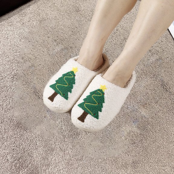 Weloille Christmas Cotton Slippers Winter Warm Padded Warm Shoes Christmas Tree Cotton Slippers Women's Home Soft Bottom Non-slip Indoor Floor Mute Cotton Slippers