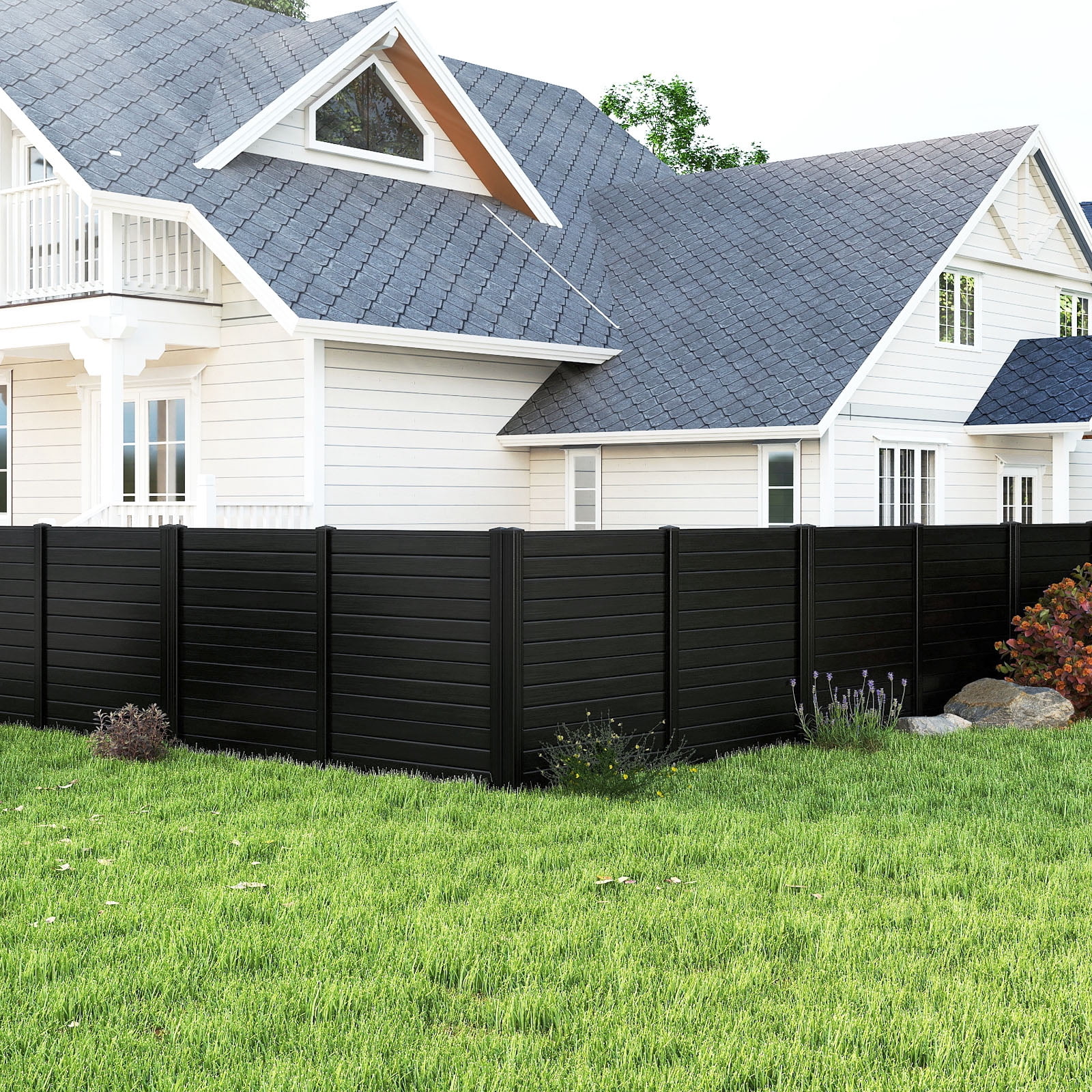 Topbuy 2PCS Outdoor Privacy Fence Panel 2 Picket PVC Decorative Fence w/3 Cuspidal Stakes Trash Enclosure & Freestanding Fence for Garden Black