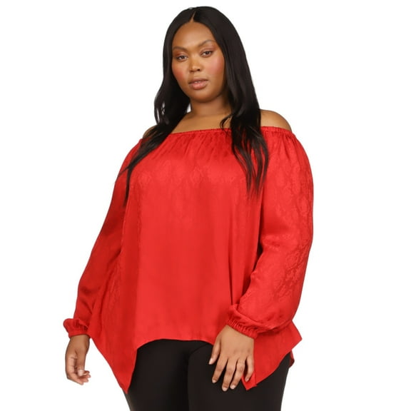 Michael Kors Womens Jacquard Handkerchief Off the Shoulder Blouse, Red, Plus Size, 2X