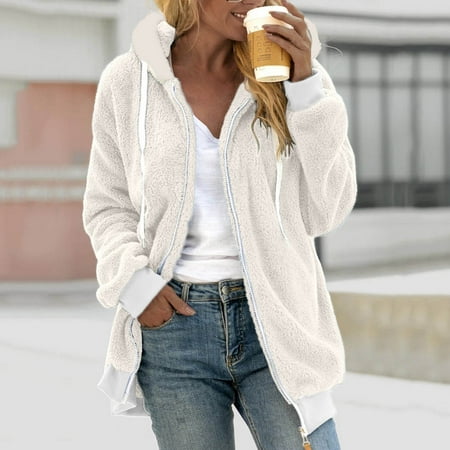 BLTIBY 2024 Women Winter Fleece Jackets Hoodies Winter Fall Solid Color Open Front Lightweight Casual Sherpa Coat Warm Overcoats with Pockets Beige L