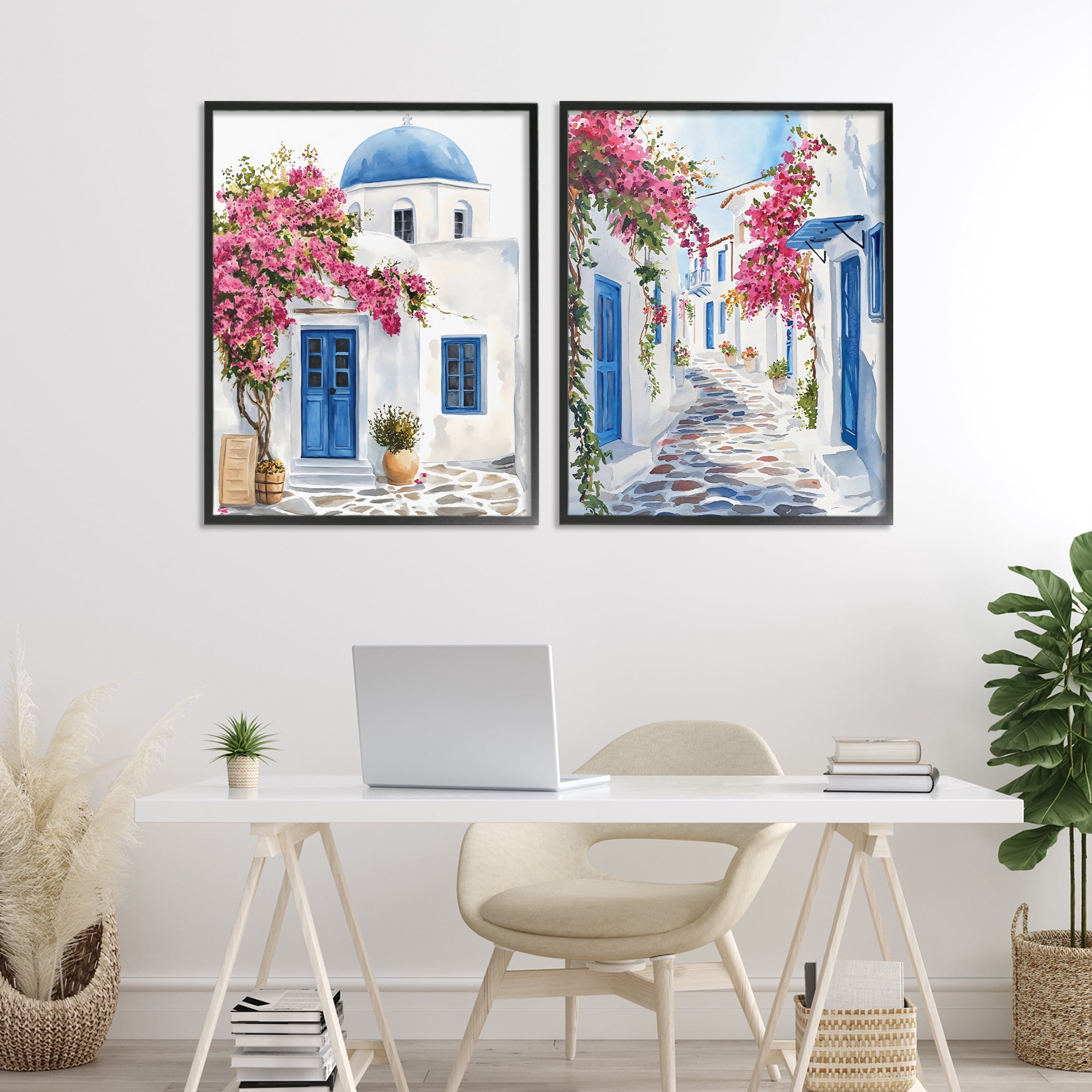 Stupell Industries Santorini House with Pink Tree 2 Piece Black Framed Giclee Art Set, design by LSR Design Studio