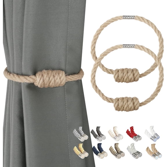 BEL AVENIR Magnetic Jute Curtain Tiebacks, Decorative Drapery Holdbacks Bohemian Style Woven Tie-Backs with Exquisite Knot (Jute, 2 Pack)