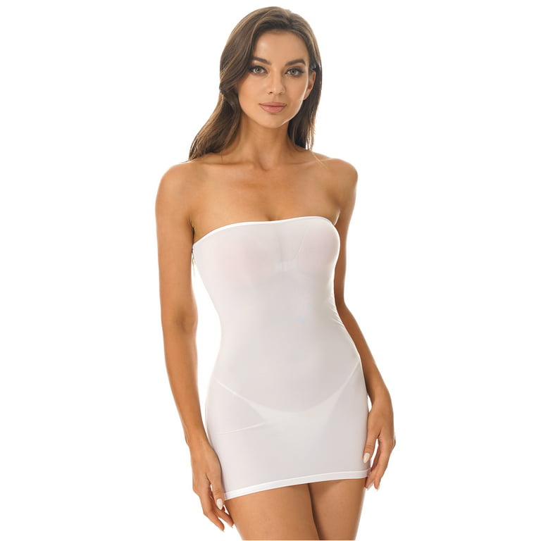 YEAHDOR Womens Sheer Mesh See Through Dress Strapless Tube Mini Dress Slip  Dress Nightwear White ONE SIZE 
