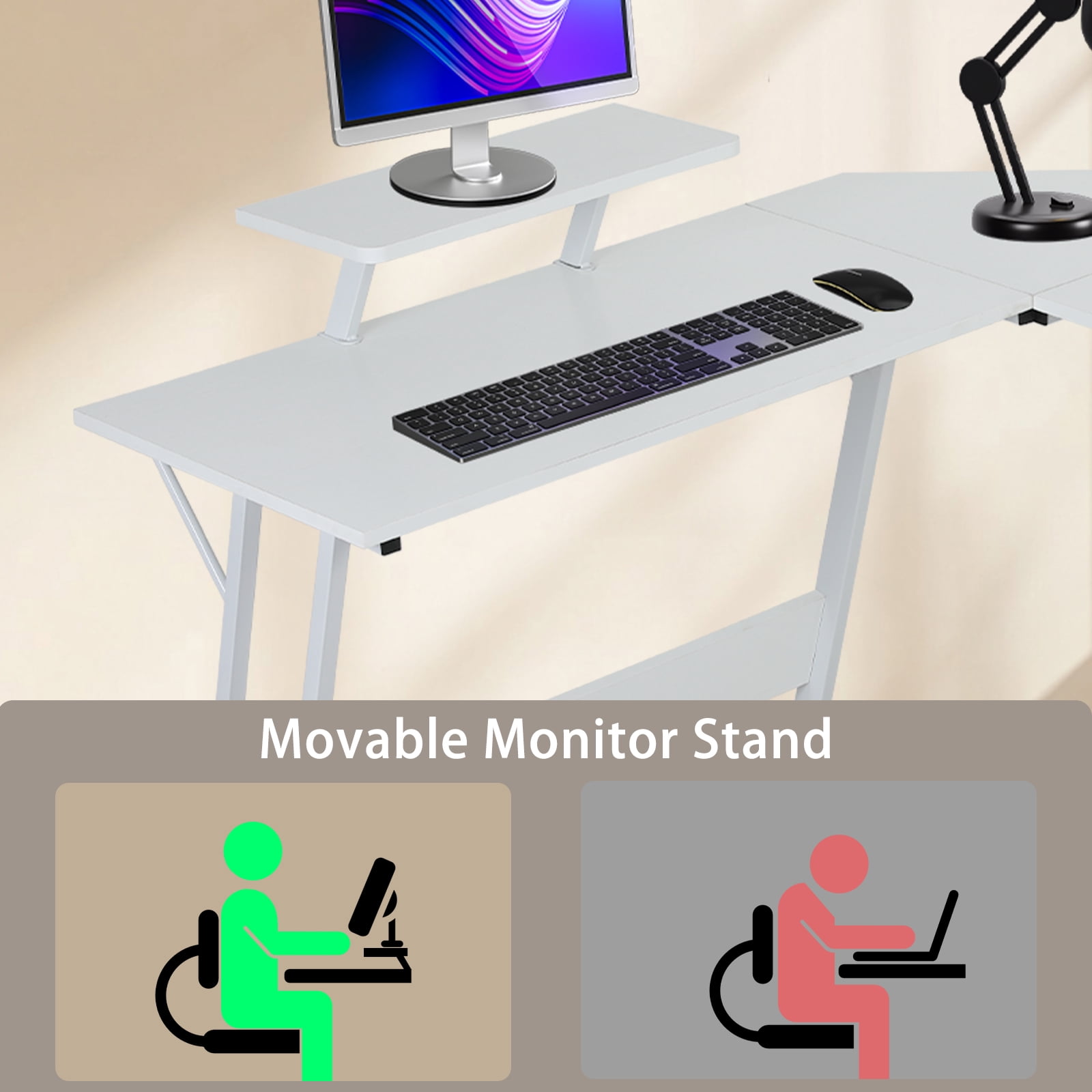 CL.HPAHKL L Shaped Gaming Desk, Computer Desk Corner Desk with Monitor Stand&Large Wooden Desktop, PC Gaming Desk Table for Home Office Sturdy Writing Workstation (White, 50 inch)