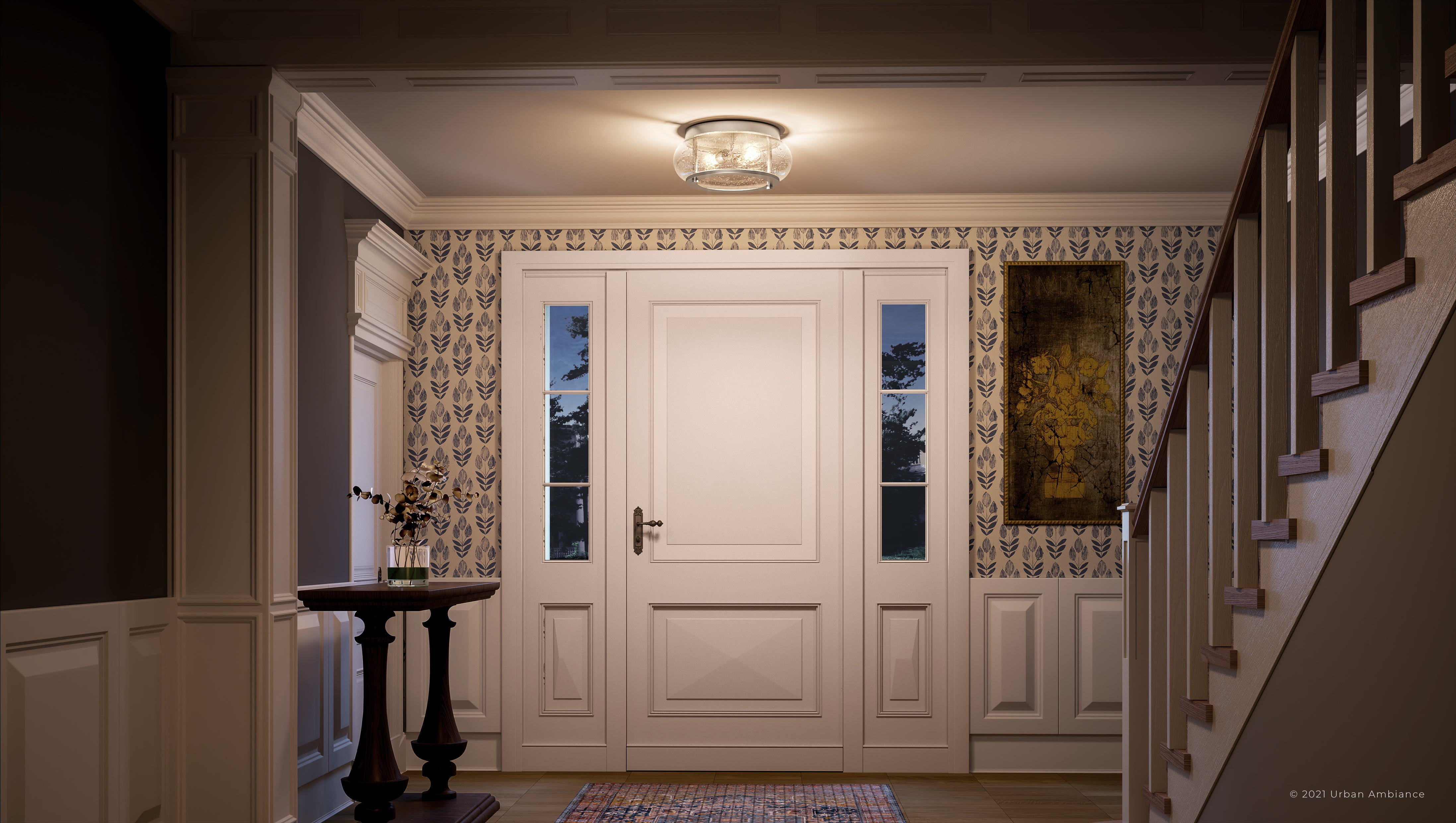 Luxury Utilitarian Indoor Ceiling Light, 5.75''H x 12.00''W, with Coastal Style Elements, Nautical Design, Brushed Nickel Finish and Clear Seeded Glass, UQL3290