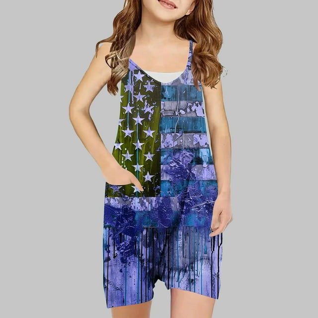 Sentmoon Short Jumpsuits for Girls V Neck Spaghetti Strap Rompers Independence Day Print Side Pockets Sleeveless Loose Overalls Fourth of July Summer Casual Kids for Music Festival Blue 5 Years