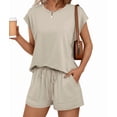 thumbnail image 4 of Womens Crew Neck Two Piece Short Sets Cap Sleeve Drawstring Summer Sweatsuit with Pocket Color XL, 4 of 8