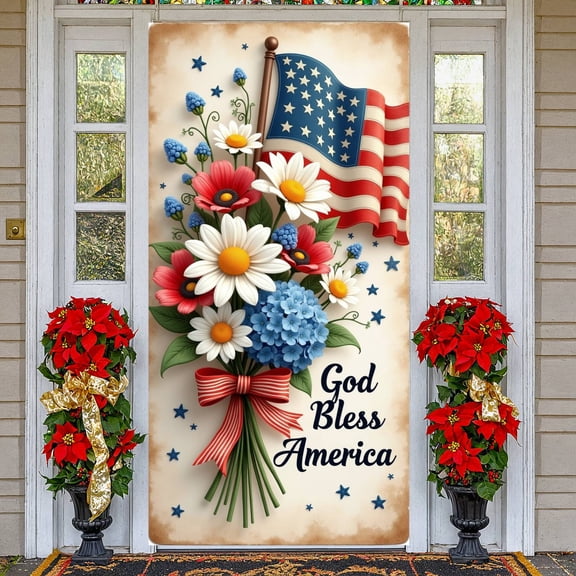 Red White Blue God Bless America Banner Floral Design Patriotic Display Star Embellished Vintage Backdrop for 4th of July Parties National Day Celebrations Patriotic Events