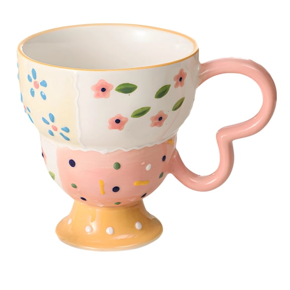 Goblet Coffee Cup, 11.8 fl oz Pink Grid Ceramic Mug with Handle, Hand-Painted Embossed Floral Artwork, Modern Cute Breakfast Milk Water Drinkware for Office Home Present