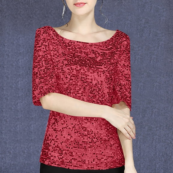 Pimelu Summer Tops for Women Going out Tops for Women Party Club Fashion Sparky Sequin Plus Size Shirts Summer Round Neck Short Sleeve Loose Blouses Womens Blouses