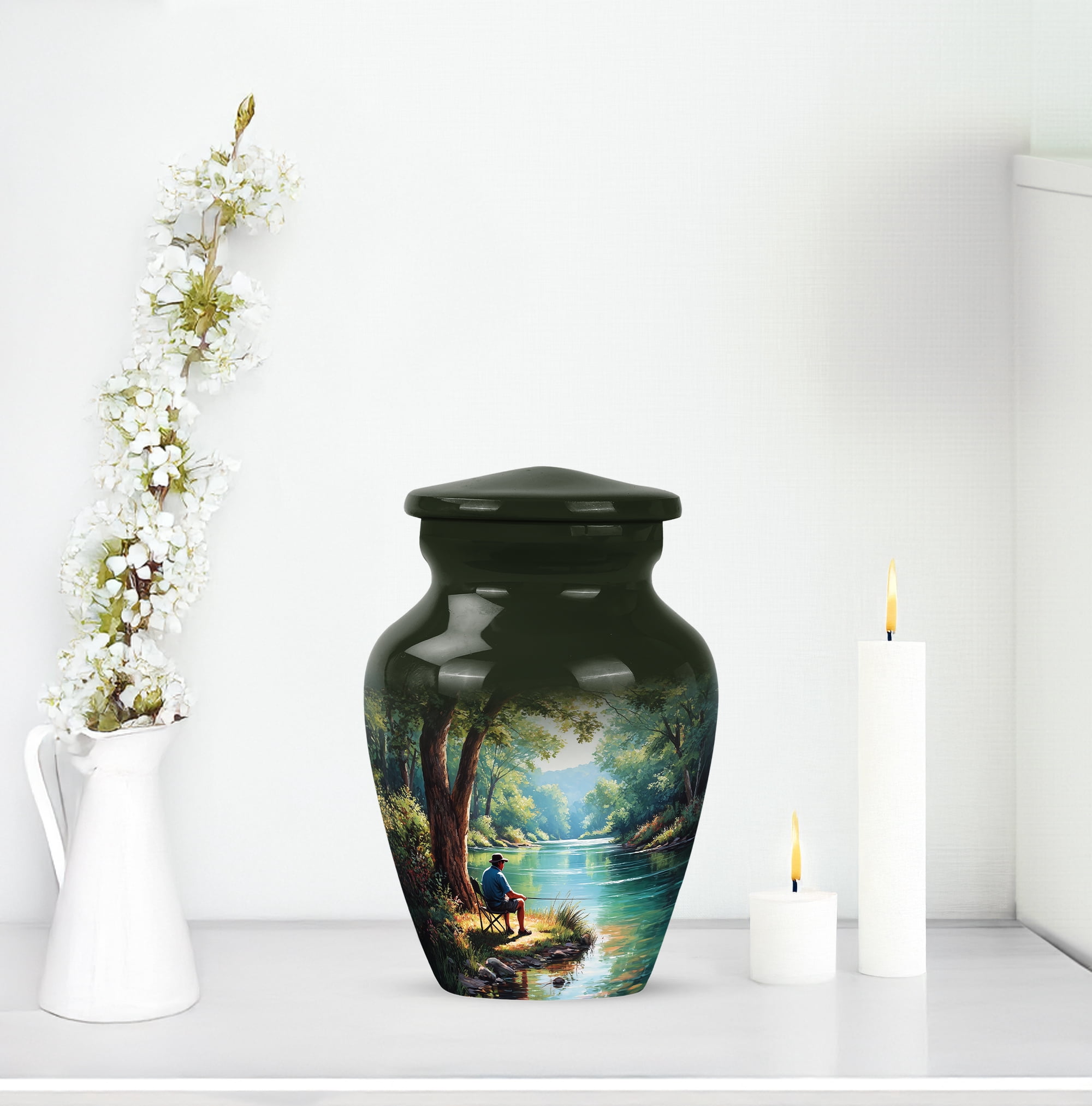Fishing Man Keepsake Cremation Urn For Ashes For Women 3 Inch Small - Blue Adult Urns For Human Ashes Women And Men Remains - Green Mini Urn For Mom And Dad Memorial
