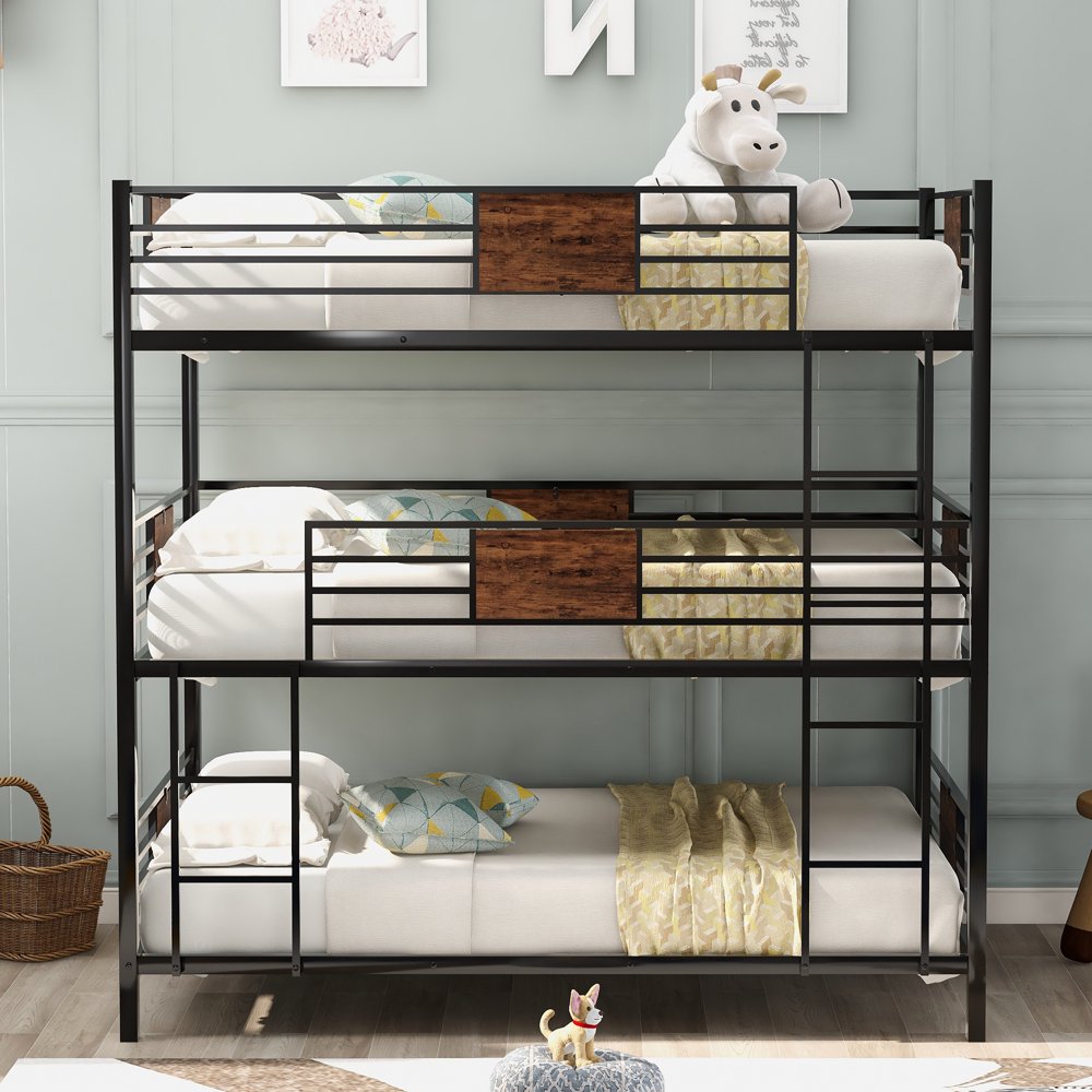 Metal Triple Bed Full/Full/Full for Boys Girls, Kids Triple Bunk Bed with Guardrails and Ladder
