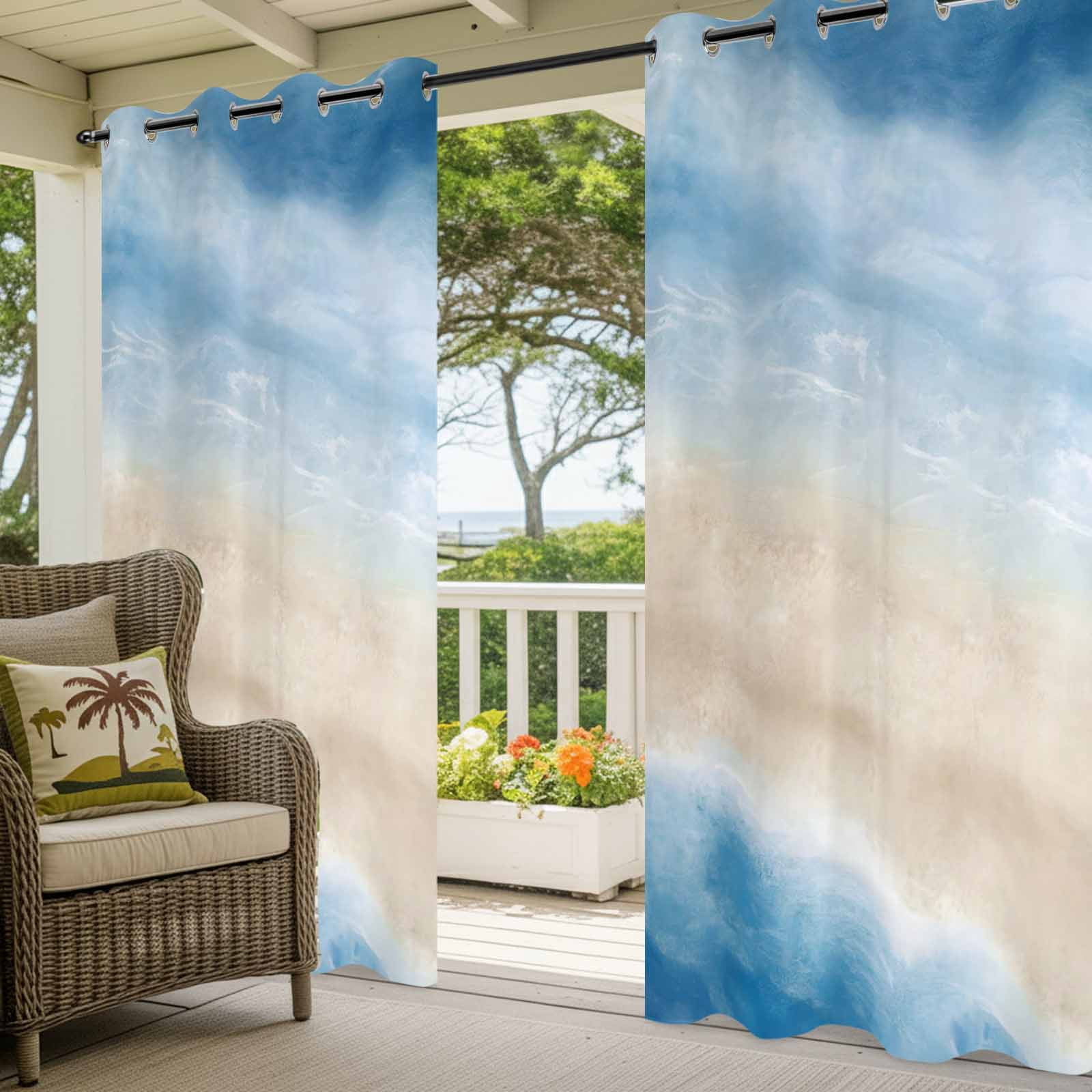 Summer Beach Outdoor Curtains for Patio, Dark Blue Gradient Ocean Wave Beige Sand Abstract Sunshade Privacy Drapes Grommet Waterproof Outside Curtains for Porch/Cabana/Balcony 54"x 108", 1 Panel