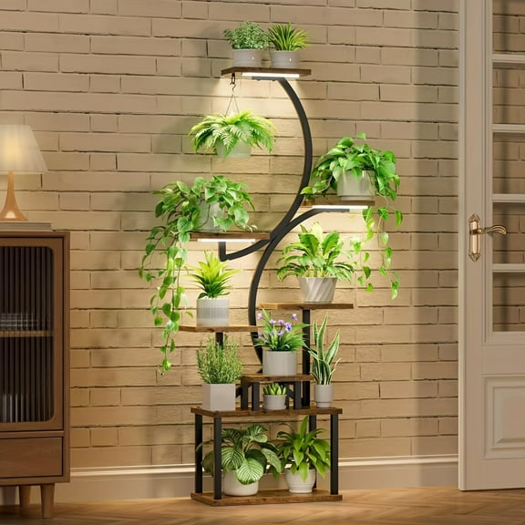 Multi-Tier Illuminated Stand with Warm Lighting - Heavy-Duty Metal Indoor Garden Shelf for Houseplants, Succulents, Herbs - Space-Saving Vertical Design for Living Room, Balcony