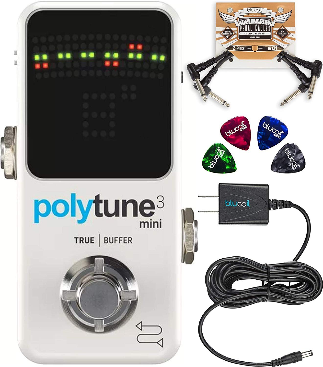 TC Electronic PolyTune Mini Tuner Pedal with Blucoil 9V Adapter, Patch  Cables, Guitar Picks