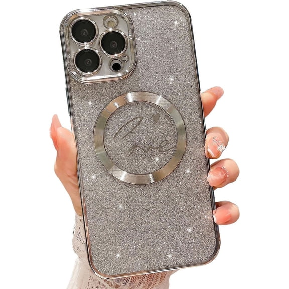 Compatible with iPhone 15 Pro Max Magnetic Glitter Case 6.7 Inch, Luxury Love Heart Pattern Plating Clear Case, Compatible with MagSafe for Women Girls Shockproof Back Cover-Silve