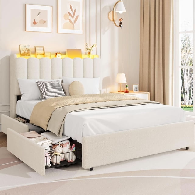 Ourlova Full Size Boucle Upholstered Platform Bed Frame with Wavy Headboard and Storage Bookcase- 2 Drawers- No Box Spring Needed- White - Space-Saving Storage Solution