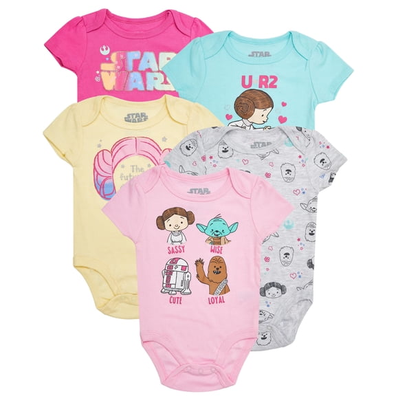 STAR WARS Baby Girls Bodysuits 5-Pack - Baby Girls' Bodysuits with Princess Leia, R2-D2, Yoda, Chewbacca (3-6M)
